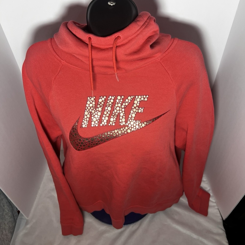 Nike Hoodie Women Sz Large Peach Funnel‎ Neck Hooded Sweatshirt Metallic Swoosh